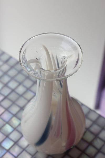Vintage glass vase, White blue pink swirl