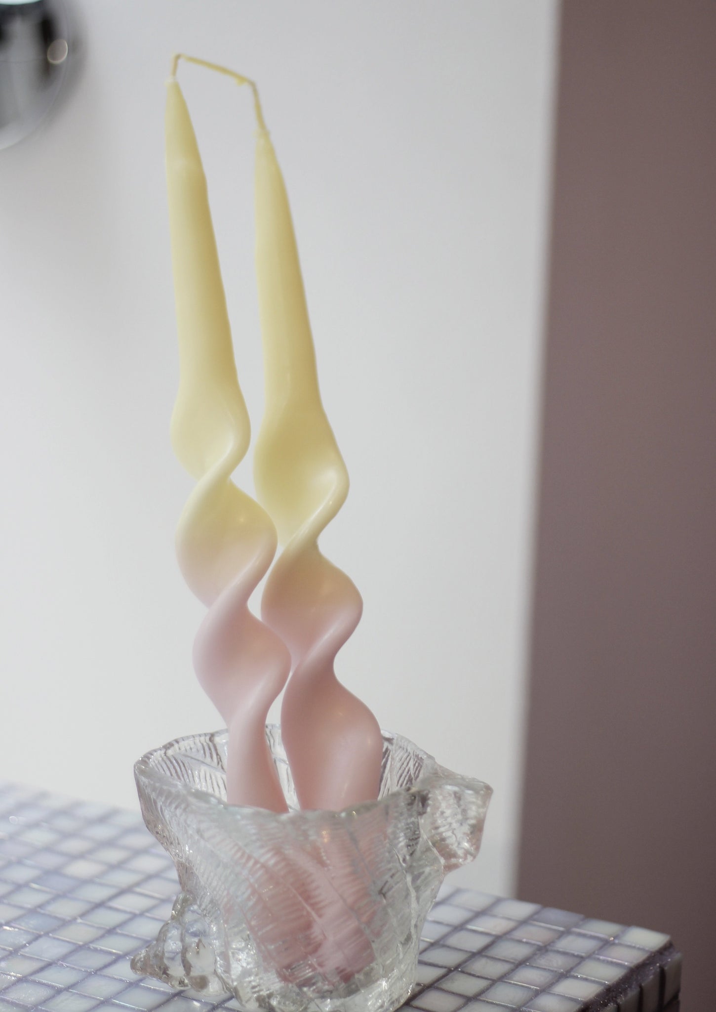 HANDMADE SWIRL CANDLE (A PAIR), PINK/YELLOW